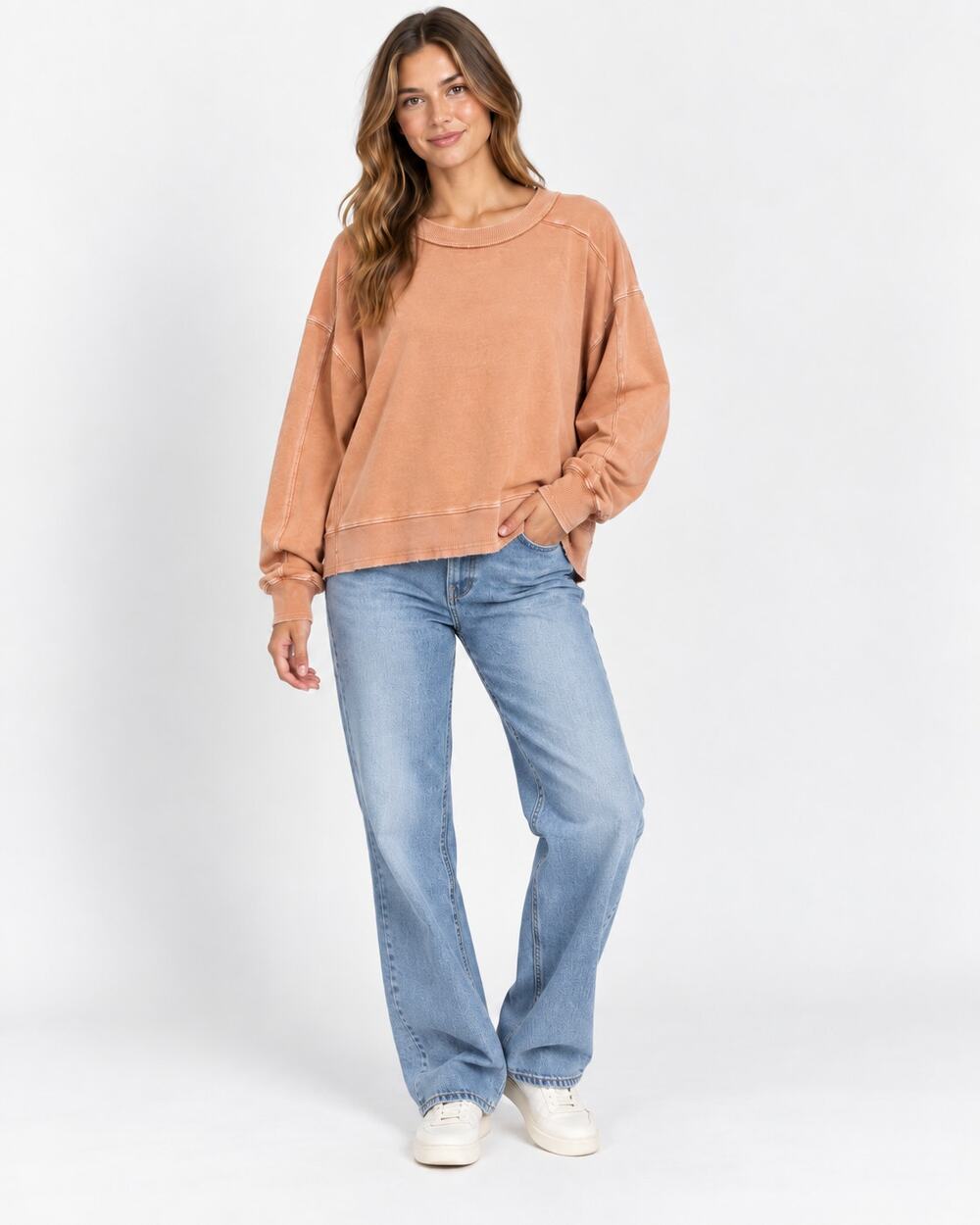 Easel Los Angeles Sweatshirt M Peach Mineral Wash Oversized Boho Pullover Cotton